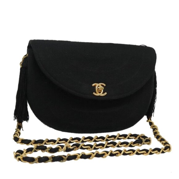 CHANEL Chain Shoulder Bag Cotton Black Gold CC - Picture 1 of 16
